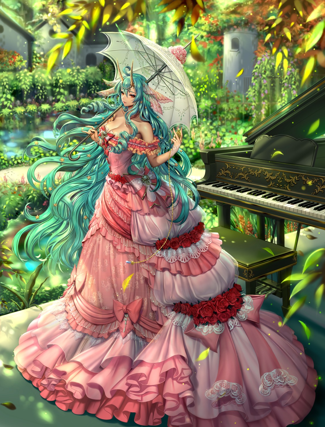 dress, horns, no_bra, sammi_hisame, umbrella