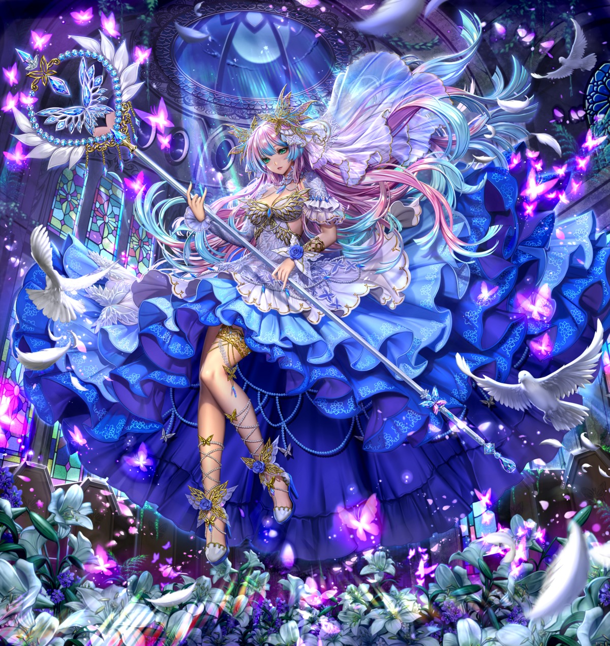 cleavage, dress, garter, heels, sammi_hisame, skirt_lift, weapon