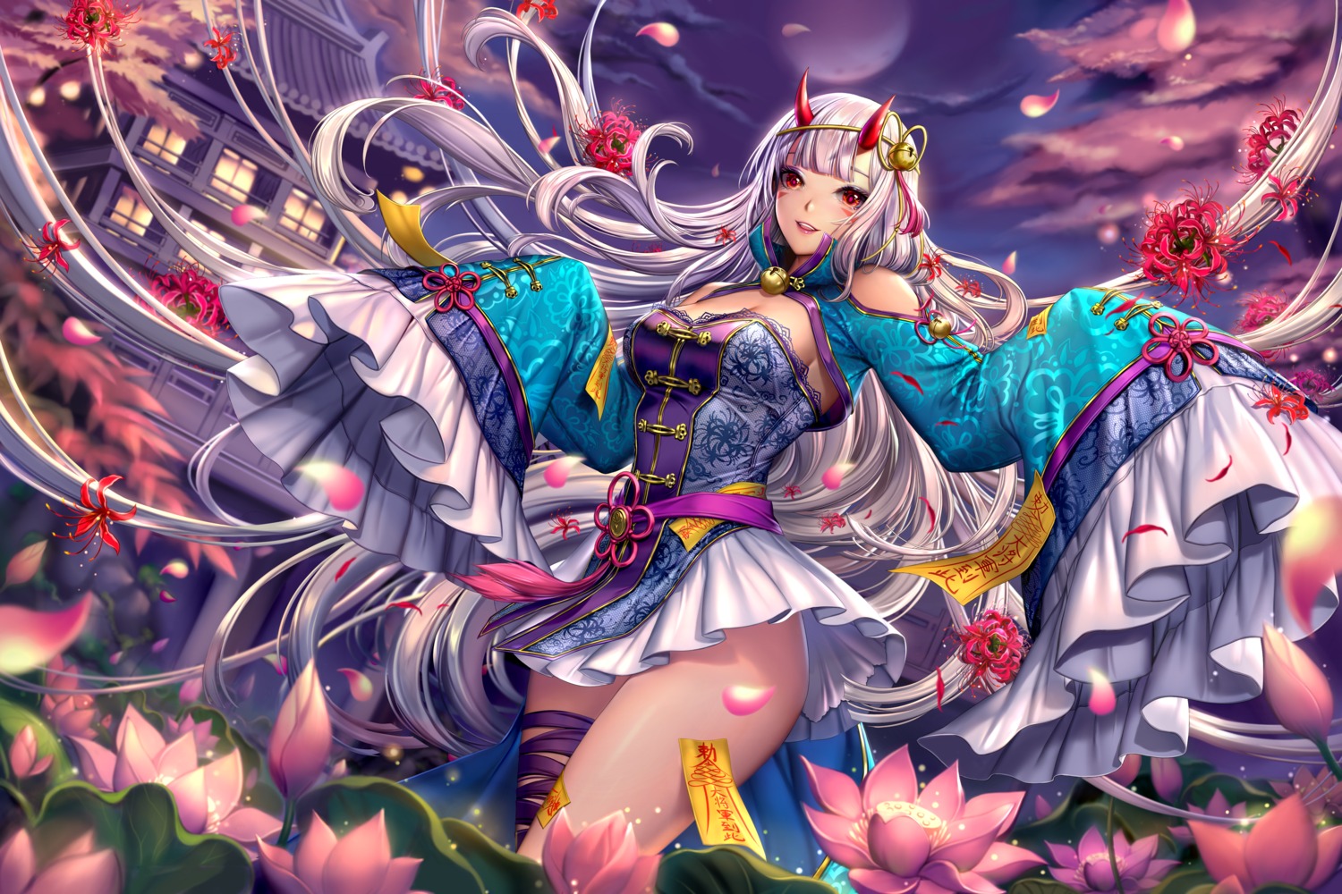 asian_clothes, bandages, cleavage, horns, sammi_hisame, skirt_lift