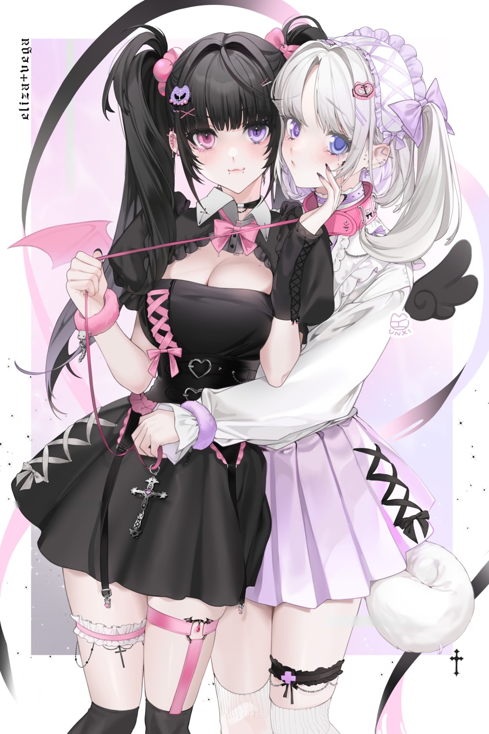 corset, eliza_(unxi), garter, gothic_lolita, heterochromia, lolita_fashion, stockings, tail, thighhighs, unxi, vega_(unxi), wings