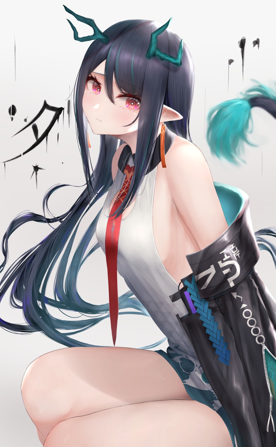 arknights, dusk_(arknights), horns, mo_(mainiti_omoti), no_bra, pointy_ears, tail