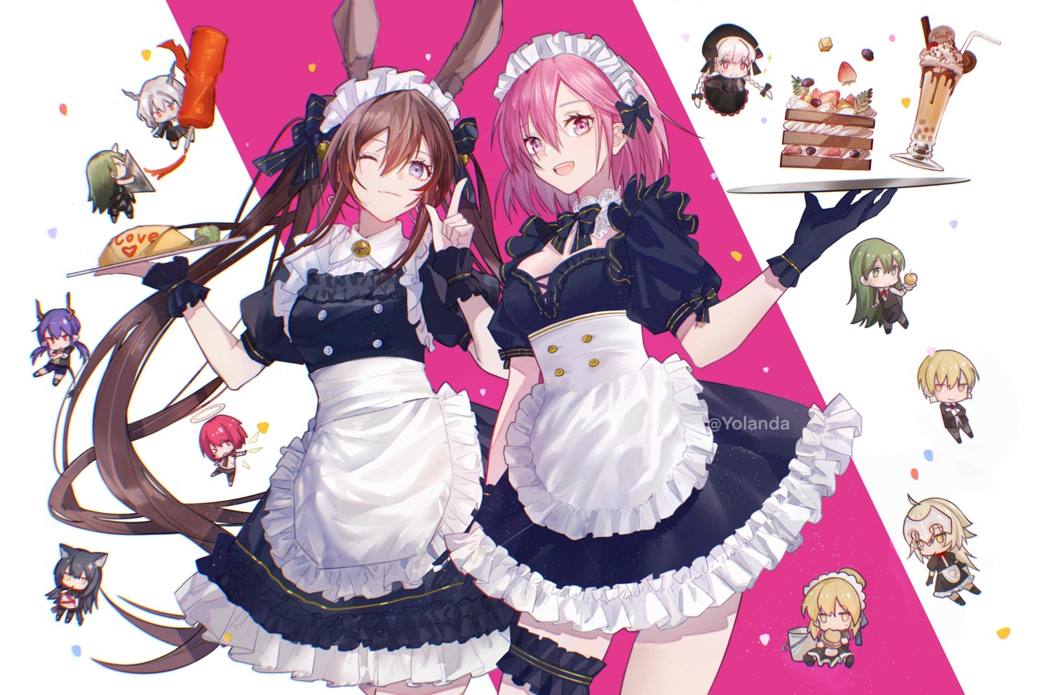 amiya_(arknights), angel, animal_ears, arknights, artoria_pendragon_(fate), artoria_pendragon_alter_(fate), bunny_ears, ch'en_(arknights)