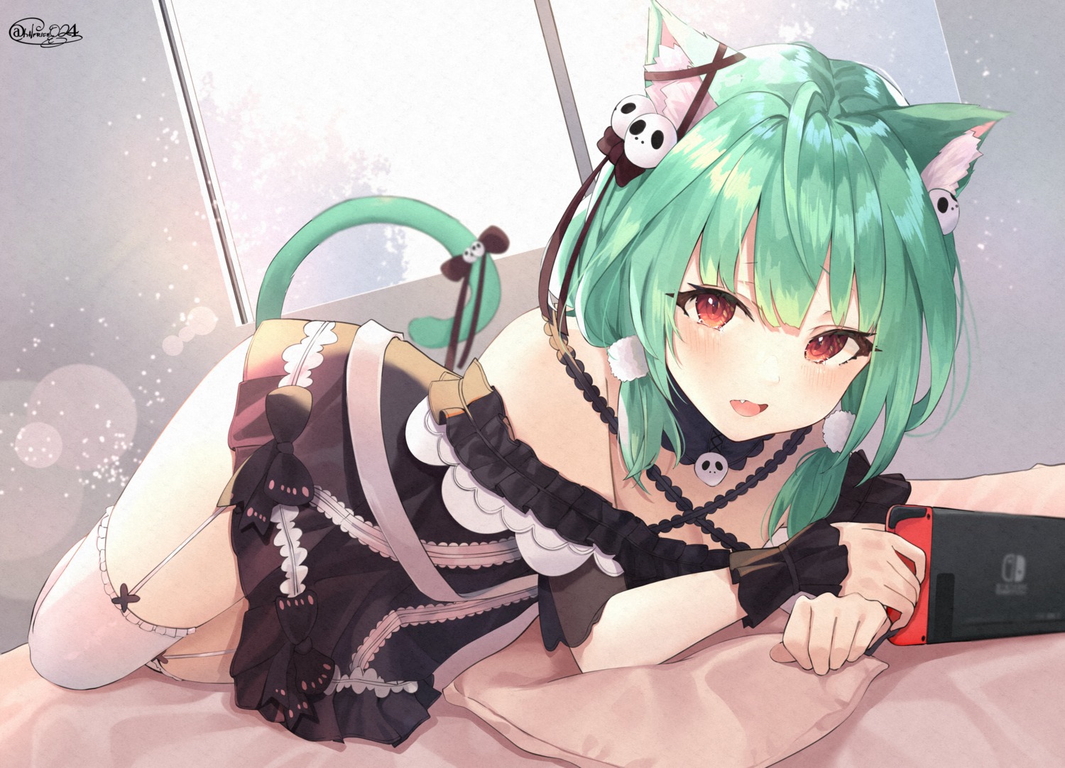 animal_ears, dress, gothic_lolita, hololive, lolita_fashion, nekomimi, shiina_aoi, skirt_lift, stockings, tail, thighhighs, uruha_rushia