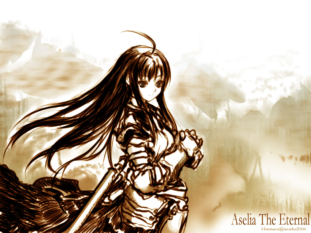armor, aselia_bluespirit, dress, eien_no_aselia, hitomaru, monochrome, sword, wallpaper