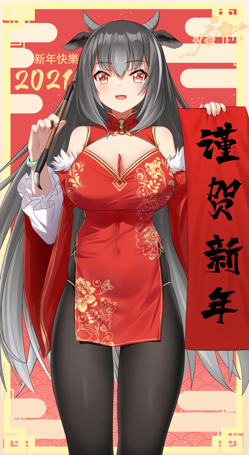 animal_ears, cang_se_ye_hua, chinadress, cleavage, horns, pantyhose
