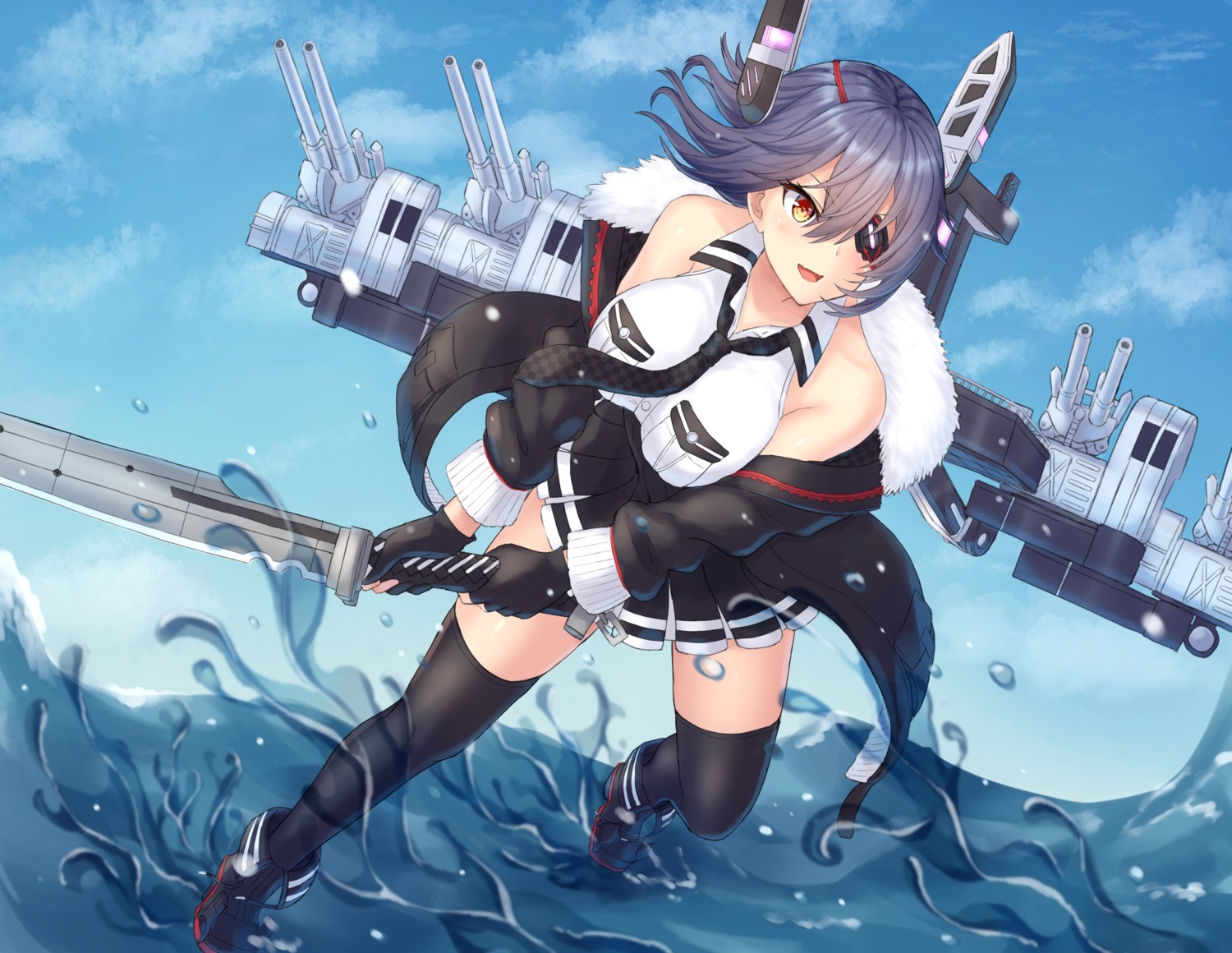 eyepatch, kantai_collection, monoku, sword, tenryuu_(kancolle), thighhighs, wet