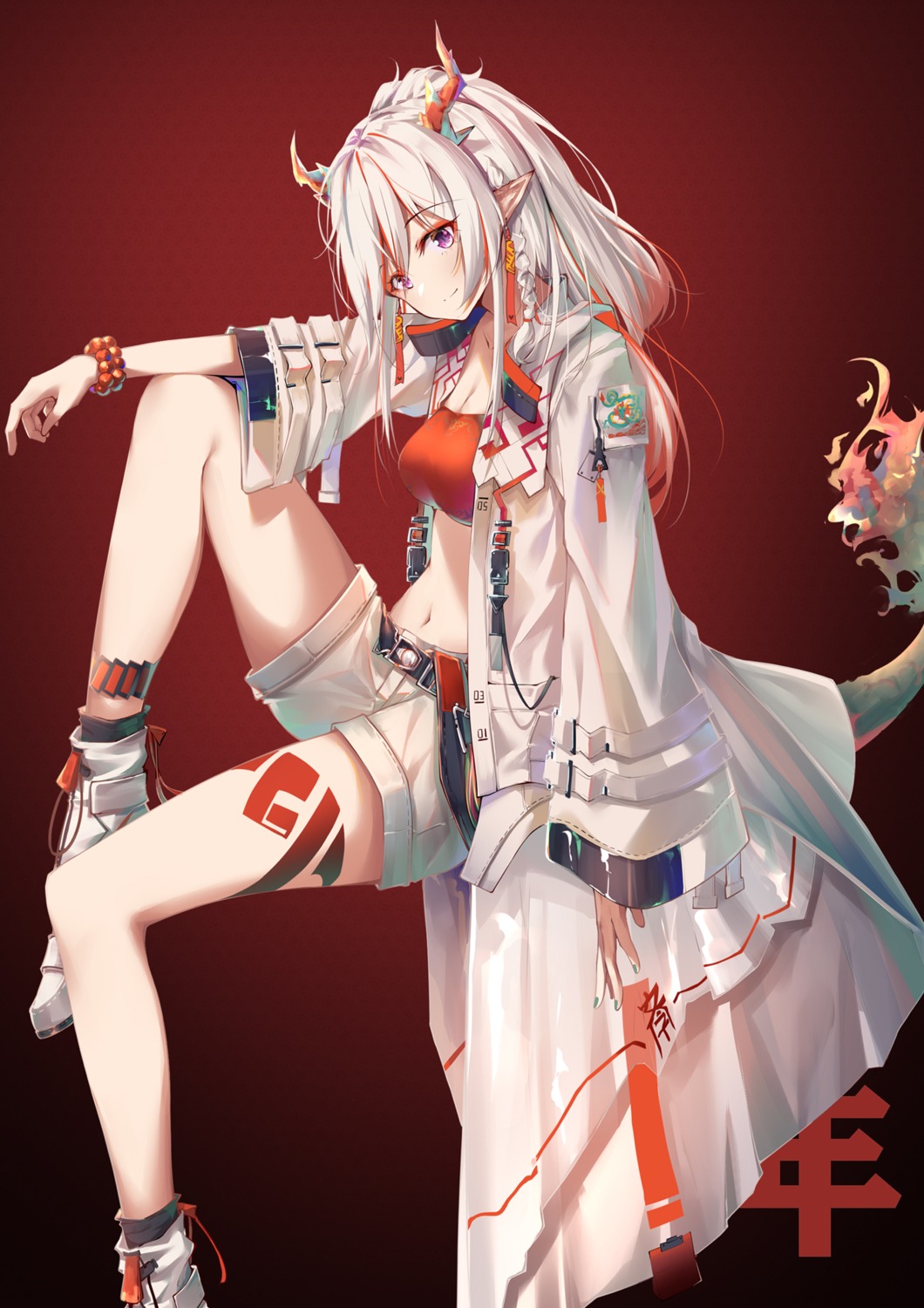 arknights, cleavage, horns, nian_(arknights), pointy_ears, sin., tail, tattoo