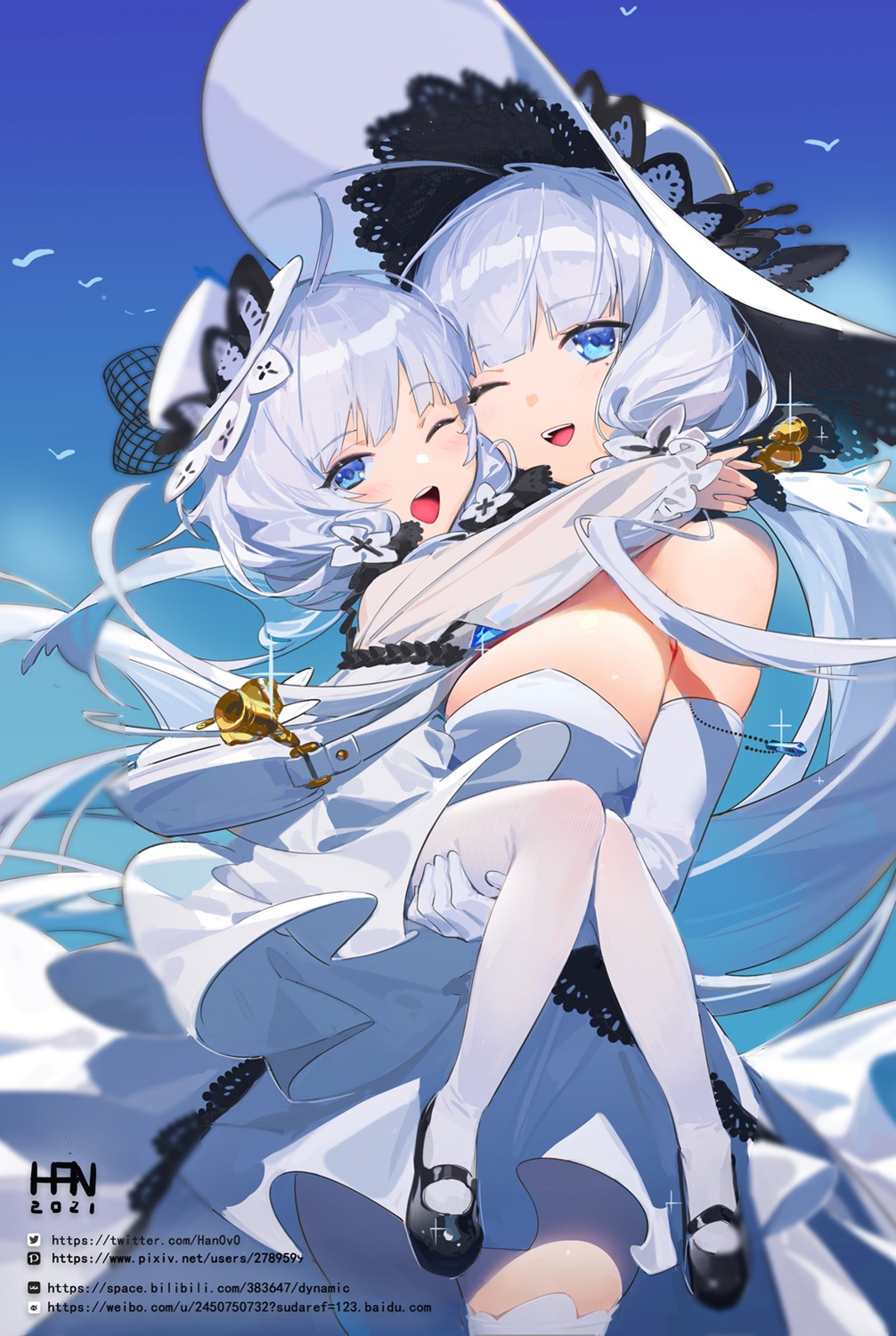 azur_lane, dress, han-0v0, illustrious_(azur_lane), little_illustrious_(azur_lane), no_bra, pantyhose, skirt_lift, thighhighs
