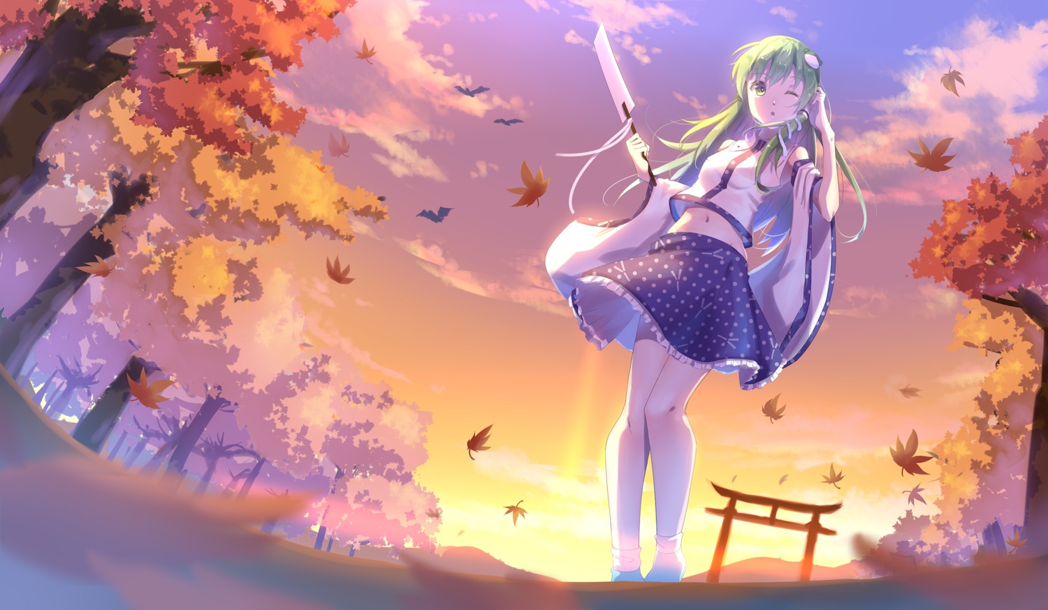 katee, kochiya_sanae, landscape, skirt_lift, touhou