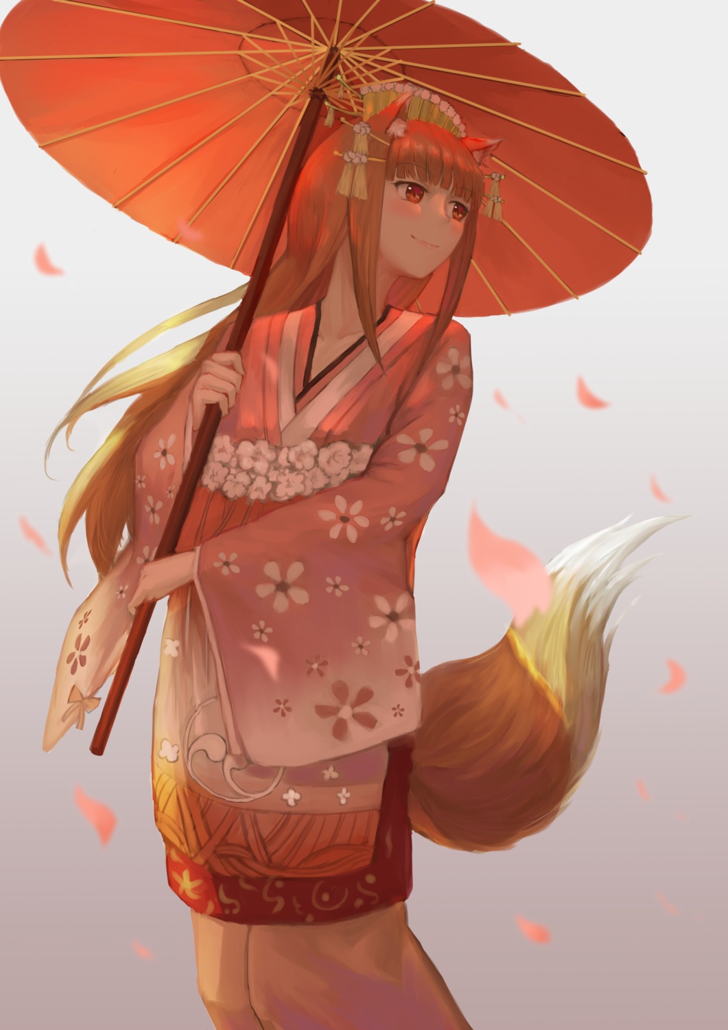 animal_ears, holo, japanese_clothes, spice_and_wolf, tail, umbrella, youzi_(small_shabao)