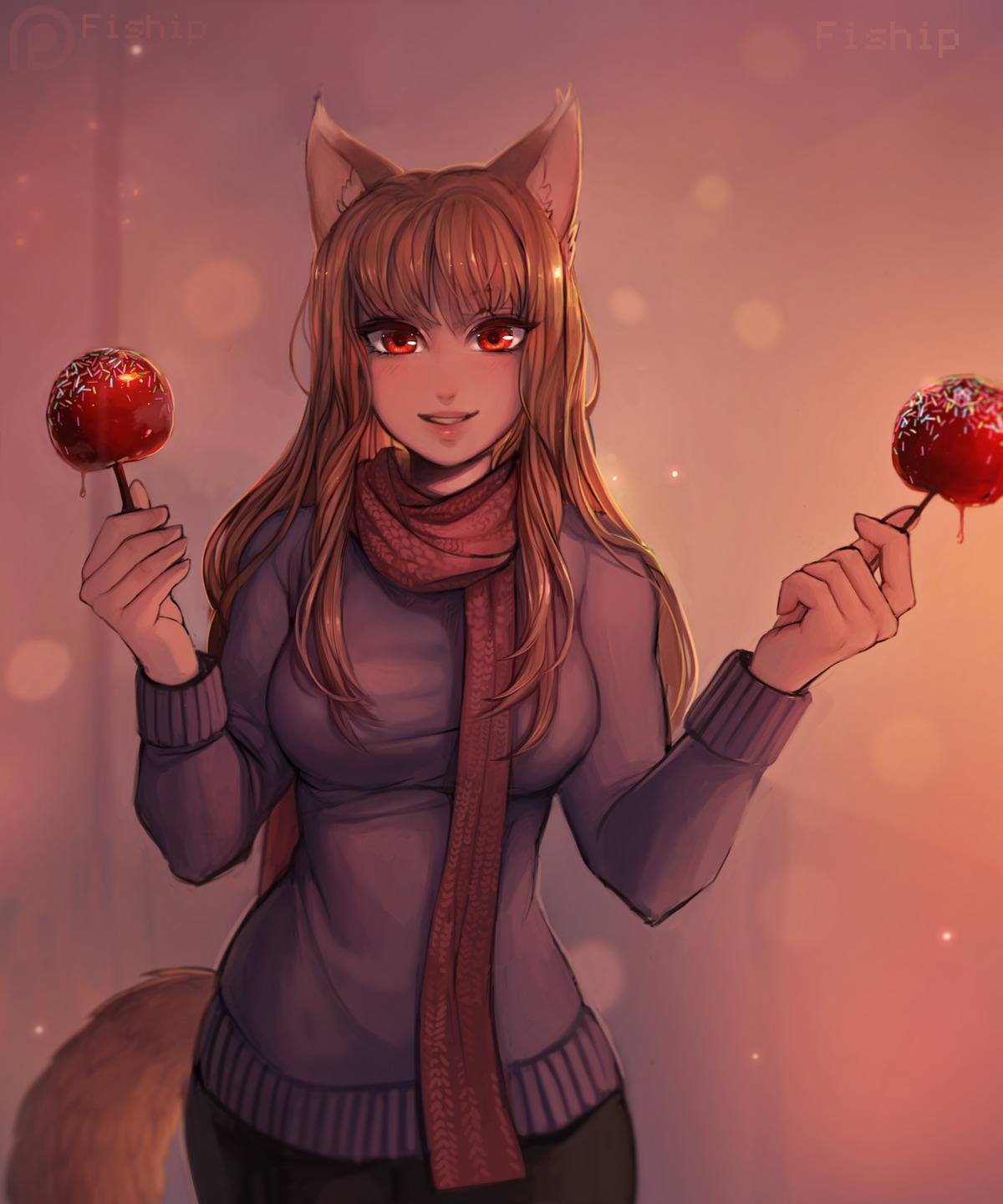 animal_ears, holo, matilda_vin, official_watermark, spice_and_wolf, sweater, tail