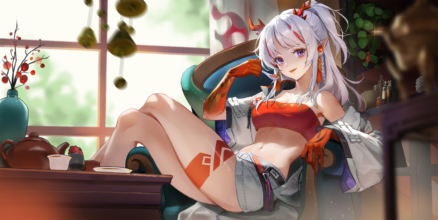 arknights, cleavage, horns, kurasamerukia, nian_(arknights), open_shirt, pointy_ears, tattoo
