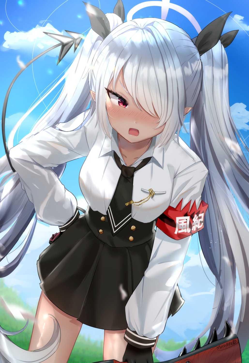 blue_archive, gun, merutoro10, pointy_ears, seifuku, shiromi_iori, tail