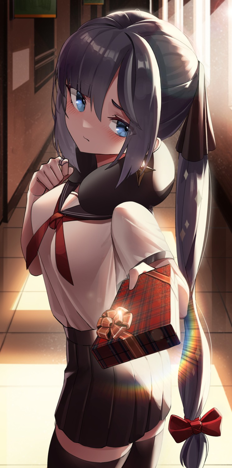 genshin_impact, jsih, mona_megistus, seifuku, thighhighs, valentine