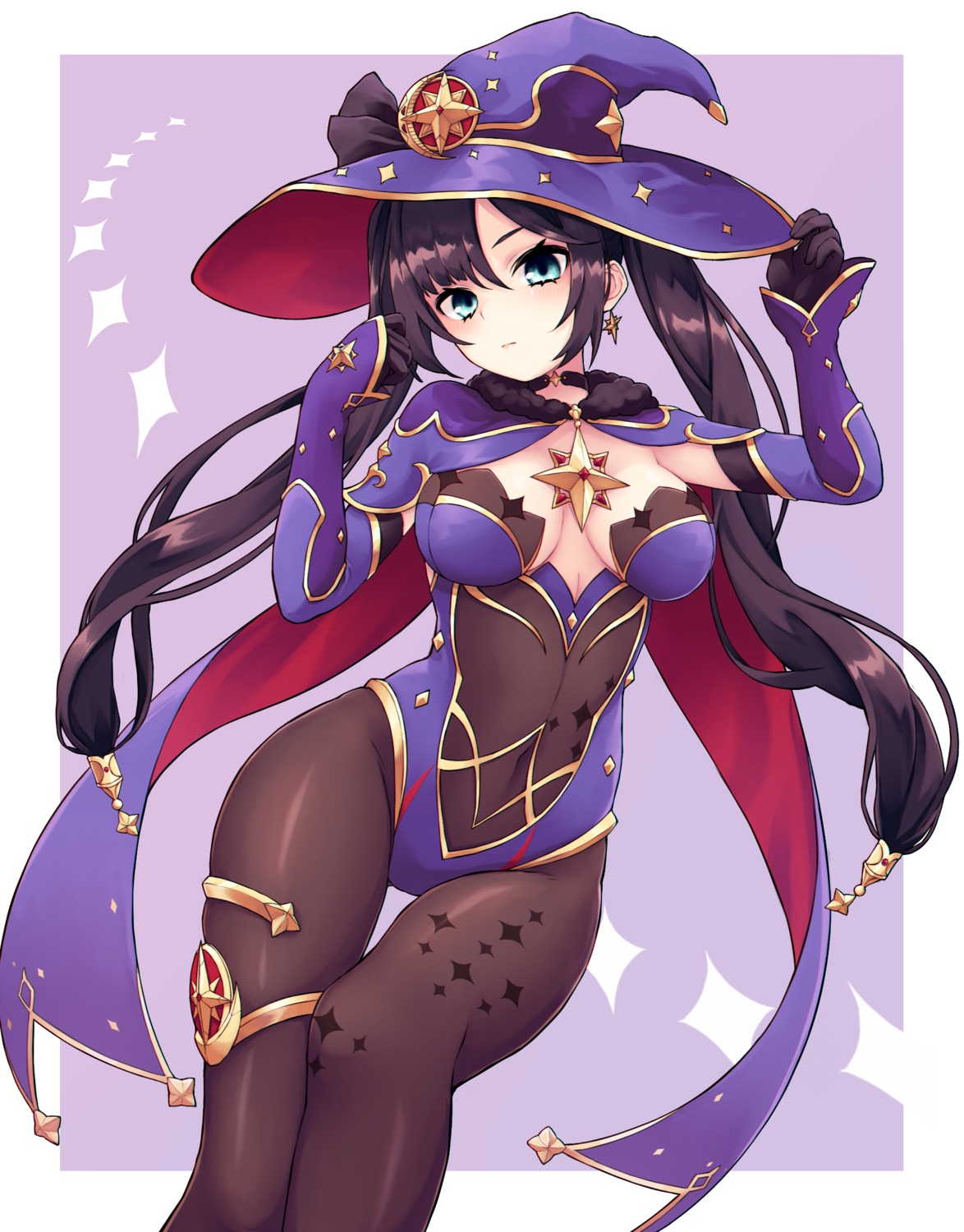 garter, genshin_impact, leotard, mona_megistus, namec0, no_bra, pantyhose, witch