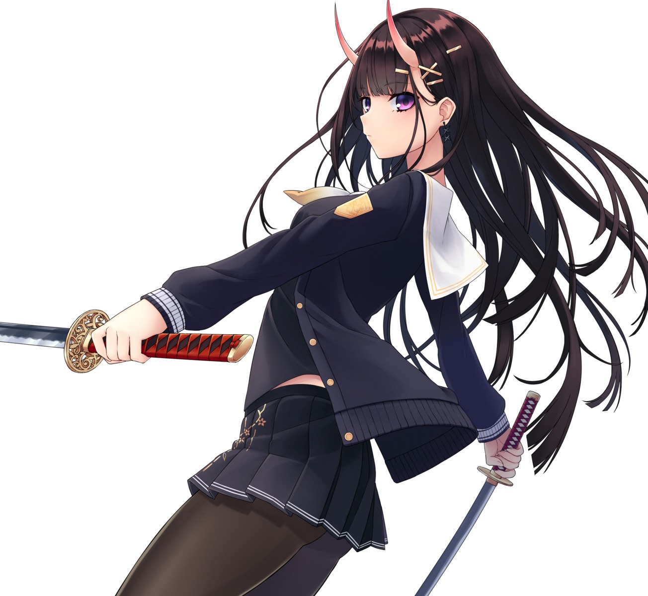 azur_lane, horns, namec0, noshiro_(azur_lane), pantyhose, seifuku, skirt_lift, sweater, sword