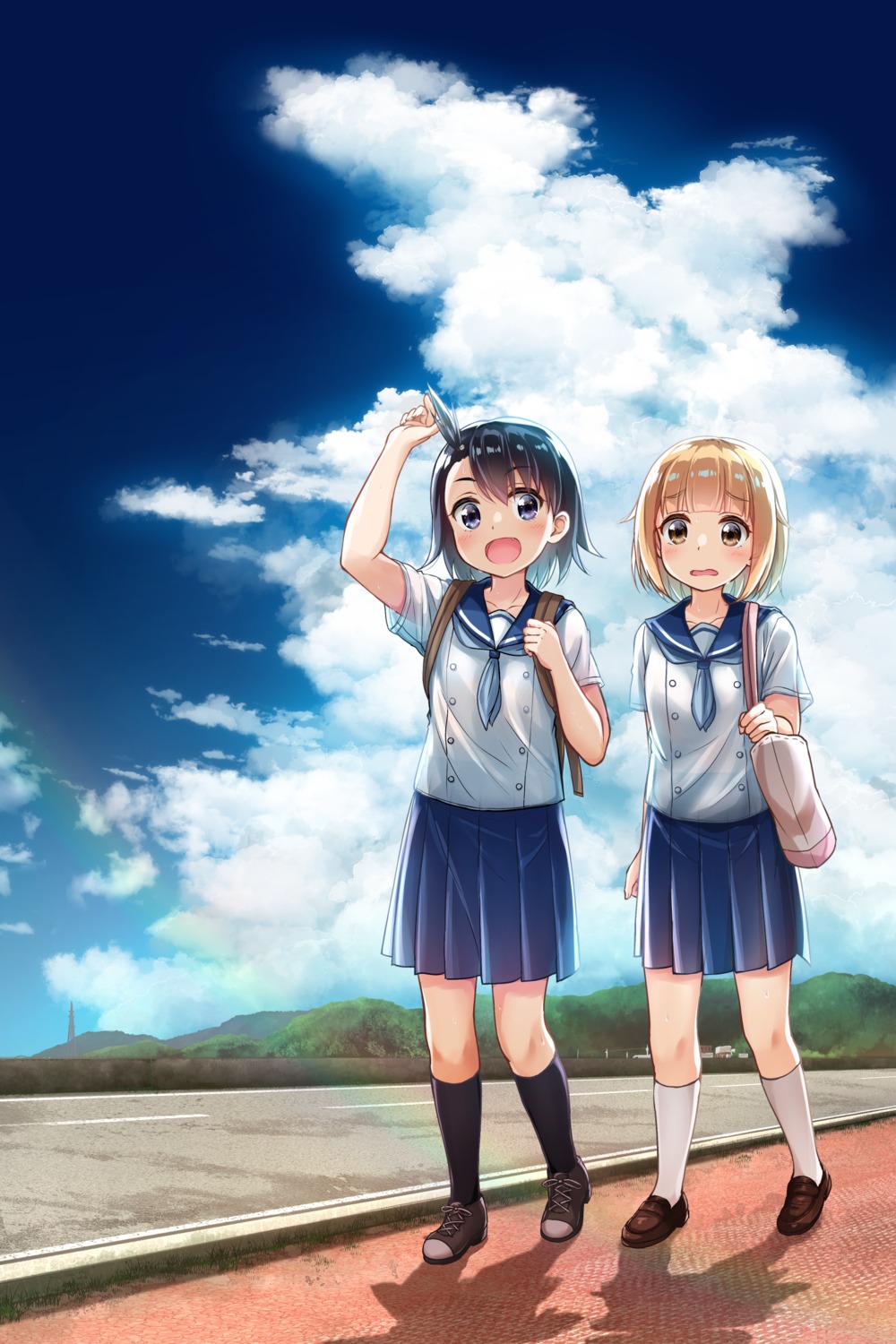 hodaka_natsumi, houkago_teibou_nisshi, landscape, seifuku, tsurugi_hina, uneune