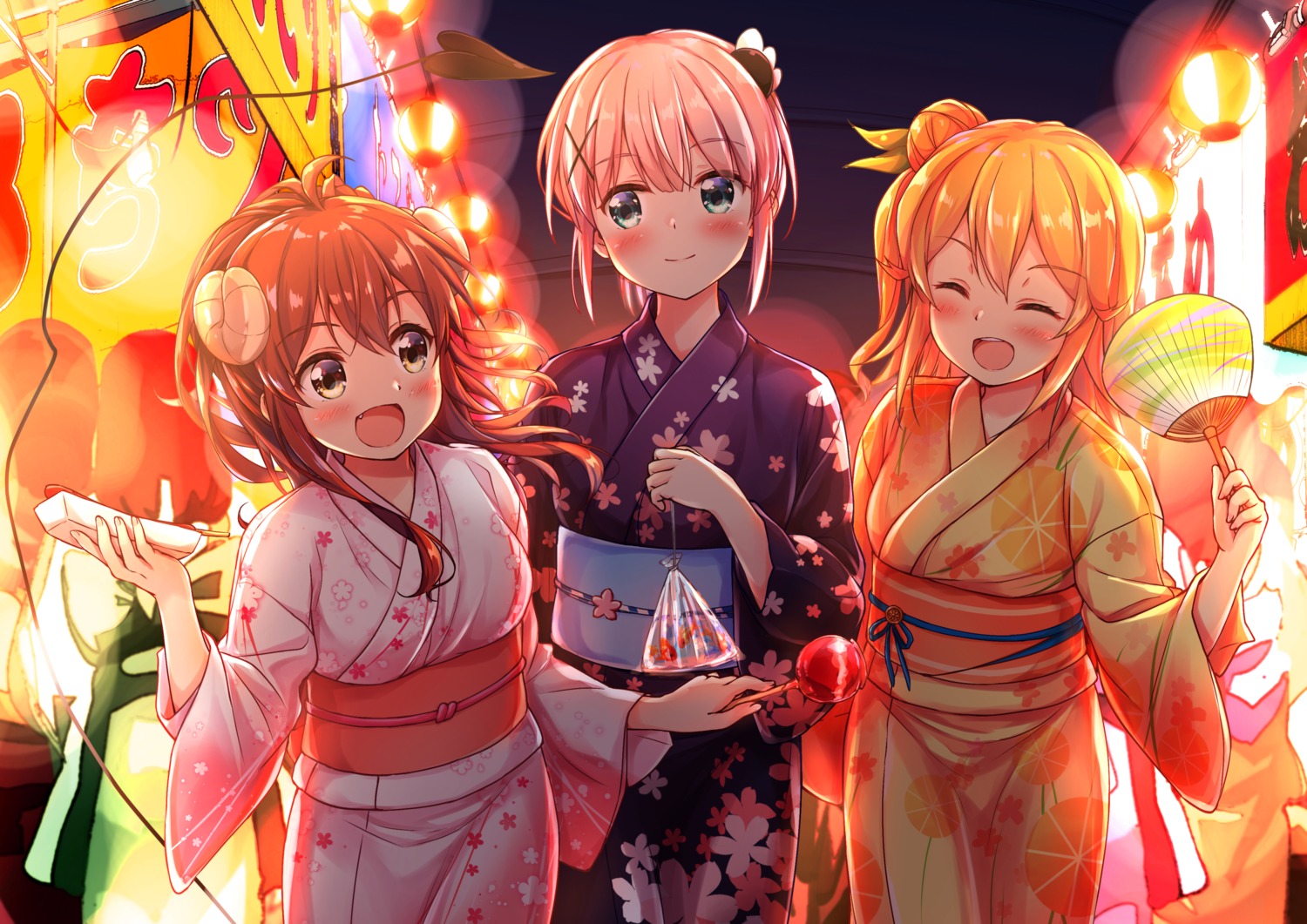 chiyoda_momo, hinatsuki_mikan, horns, machikado_mazoku, tail, uneune, yoshida_yuuko_(machikado_mazoku), yukata