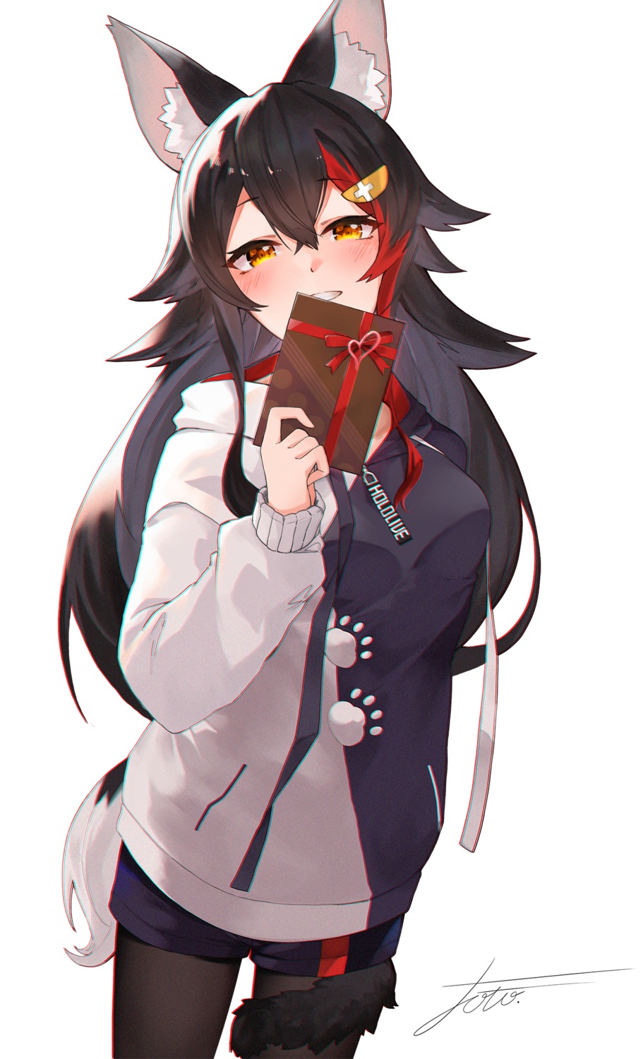 animal_ears, hololive, hololive_gamers, ookami_mio, pantyhose, tail, toto_(kuro_toto), valentine