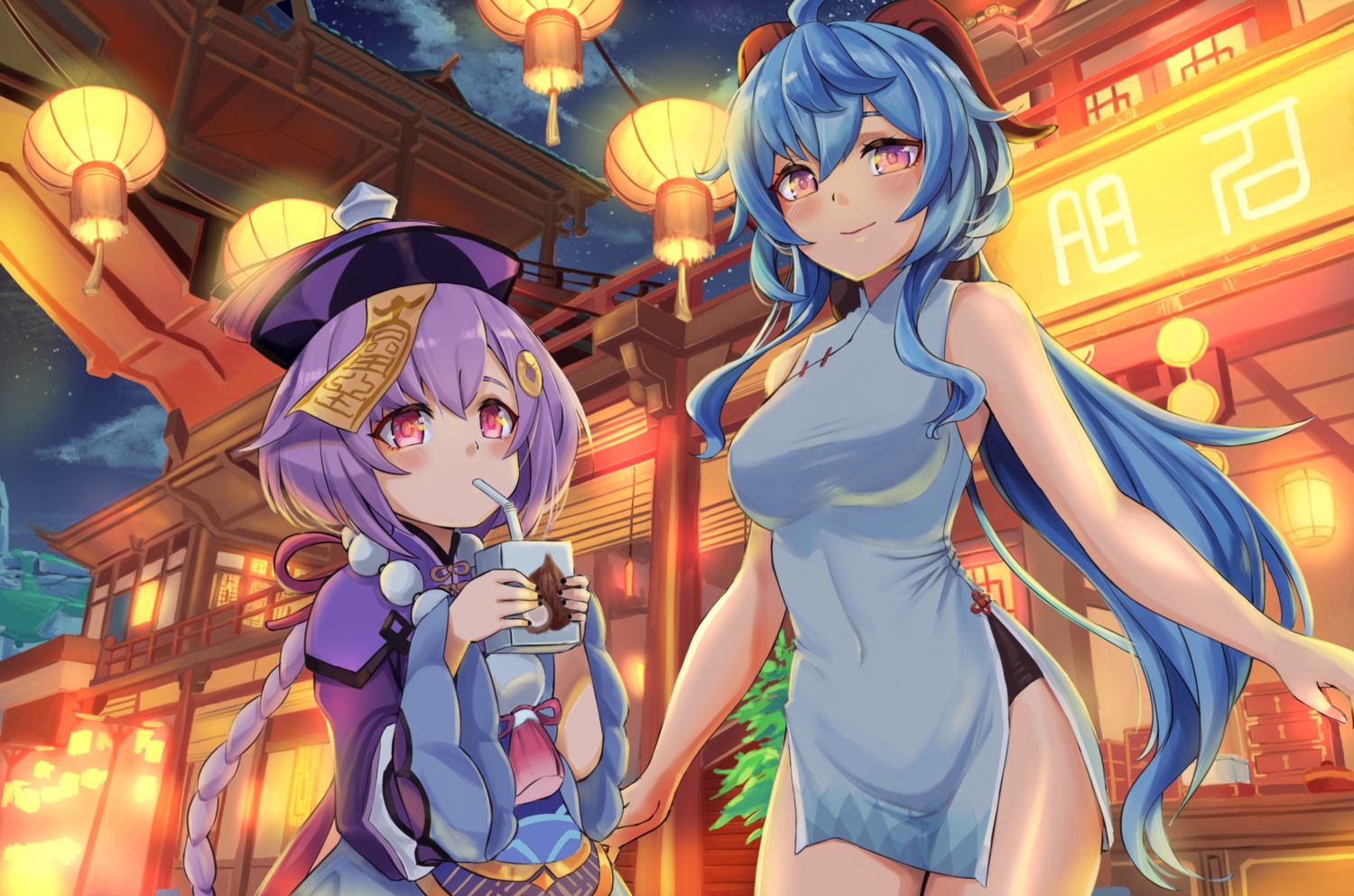 asian_clothes, chinadress, ganyu, genshin_impact, horns, qiqi, rixch