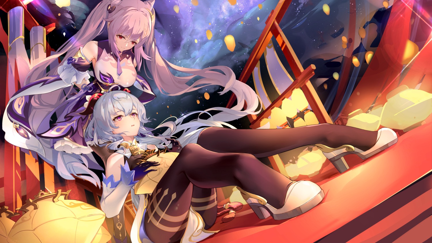 asian_clothes, ganyu, genshin_impact, heels, horns, keqing, wallpaper, xiaoshan_jiang