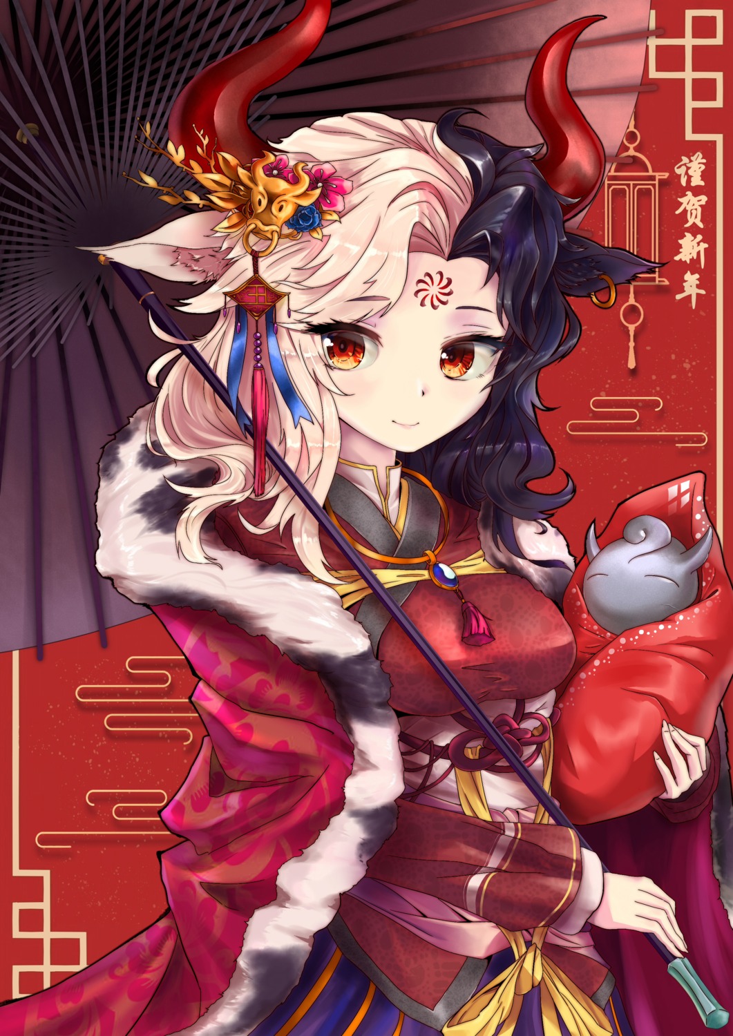 animal_ears, goingtobemad, horns, japanese_clothes, touhou, umbrella, ushizaki_urumi