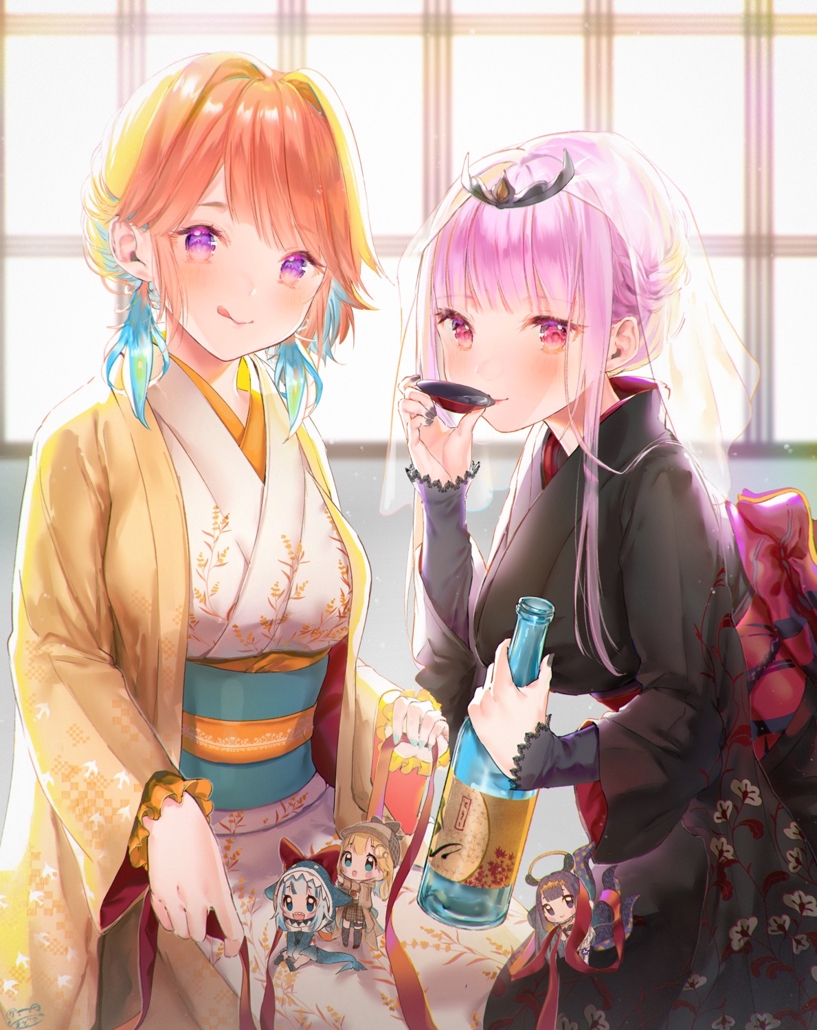 chibi, garter, gawr_gura, hololive, hololive_english, kimono, modoki_kuma, mori_calliope, ninomae_ina'nis, sake, stockings, tail, takanashi_kiara, tentacles, thighhighs, watson_amelia