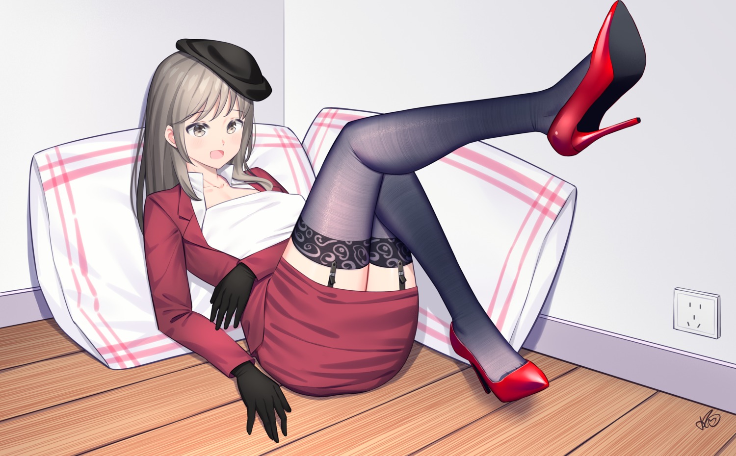 business_suit, girls_und_panzer, heels, konishi_(565112307), shimada_chiyo, skirt_lift, stockings, thighhighs
