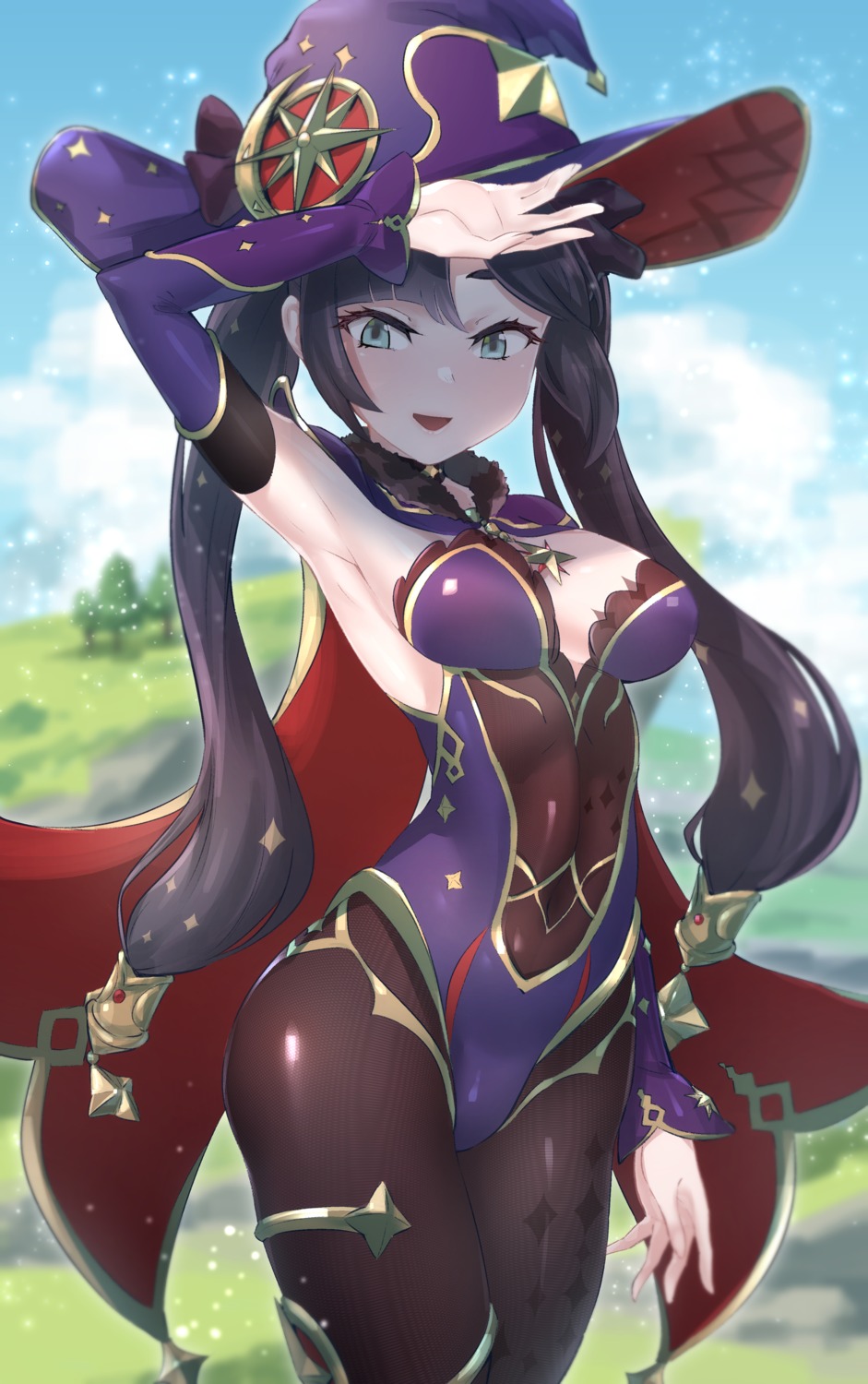 garter, genshin_impact, leotard, mona_megistus, moto_toshi, no_bra, pantyhose, witch