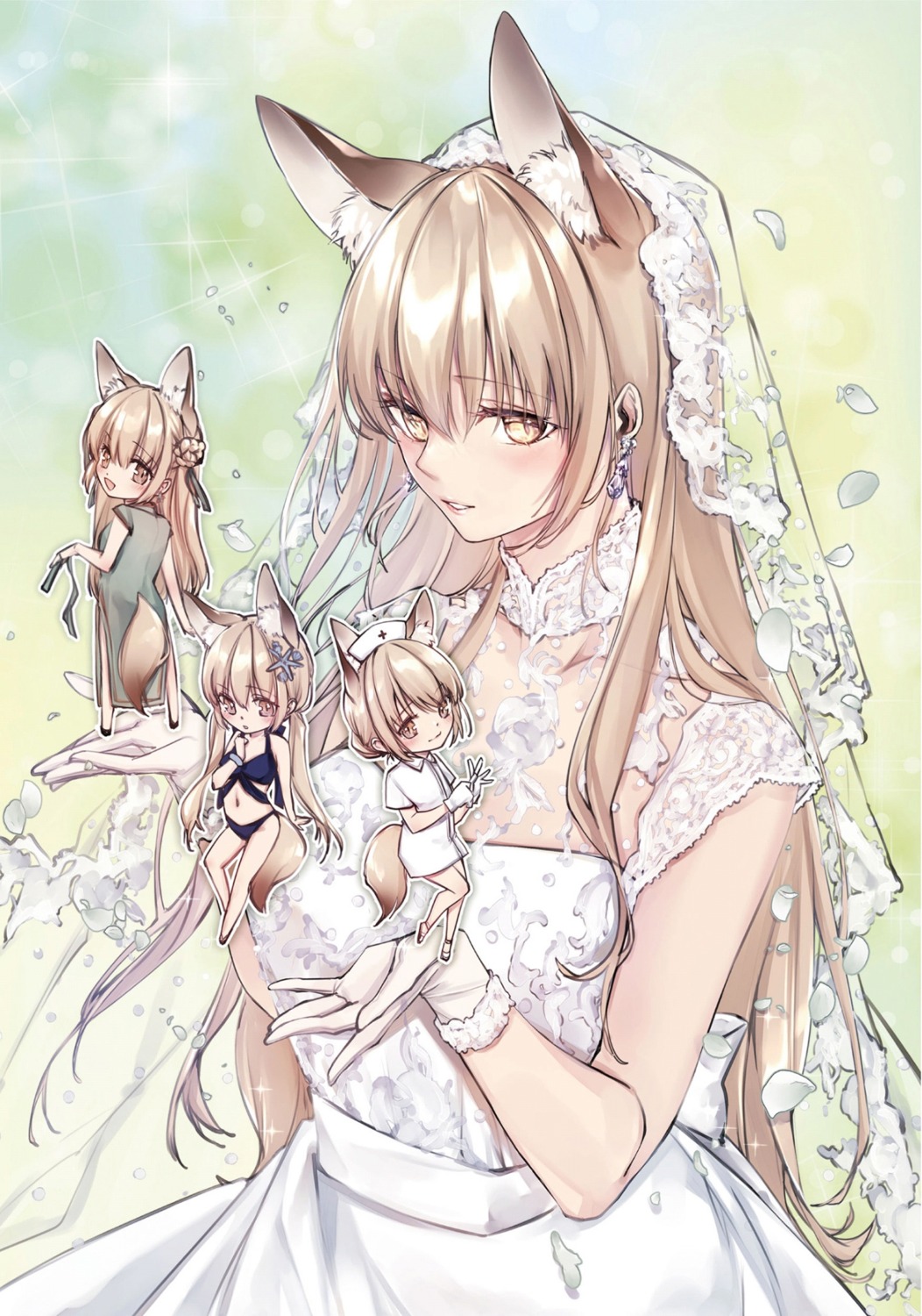 animal_ears, chibi, dress, kitsune, shizu-chan, tail, wedding_dress, yukibuster