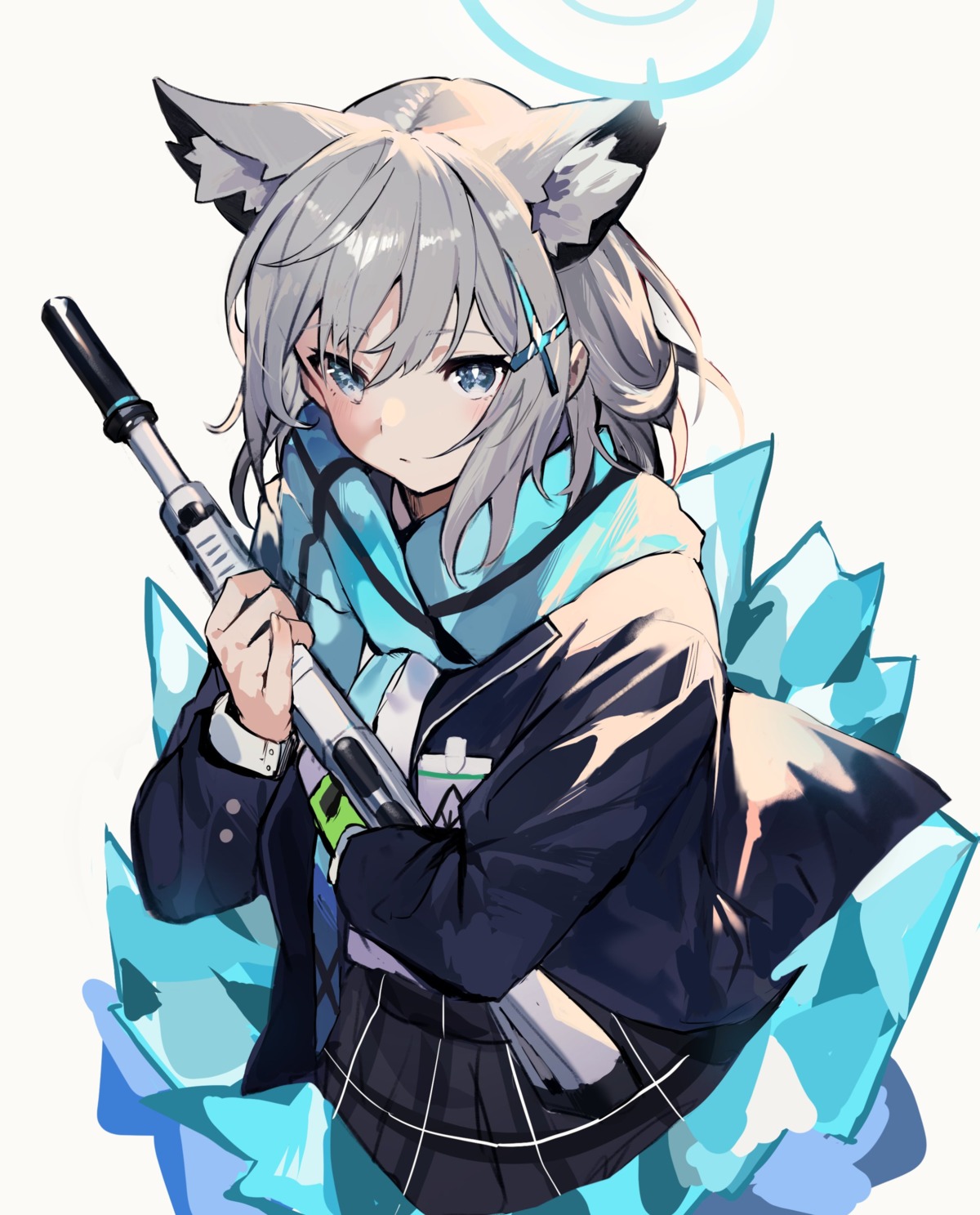 animal_ears, blue_archive, gun, halo, nekomimi, seifuku, sunaookami_shiroko, yakihokoudon