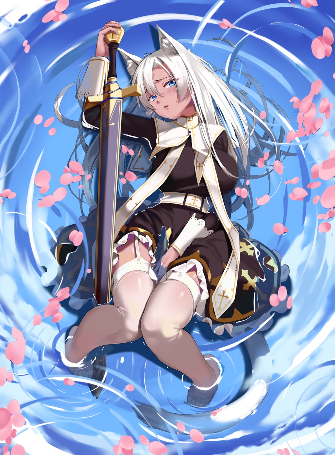 animal_ears, aoi_(buzhuen444), nekomimi, nun, skirt_lift, stockings, sword, tail
