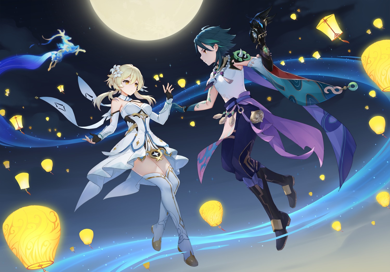 genshin_impact, gu_tao, lumine, thighhighs, xiao