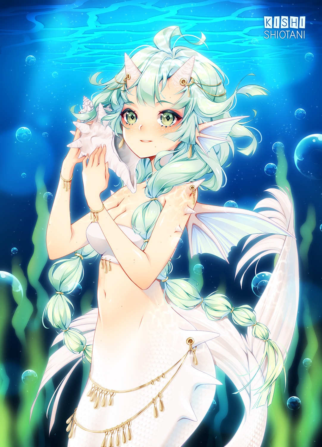 bikini_top, horns, kishishiotani, mermaid, monster_girl, swimsuits, tail