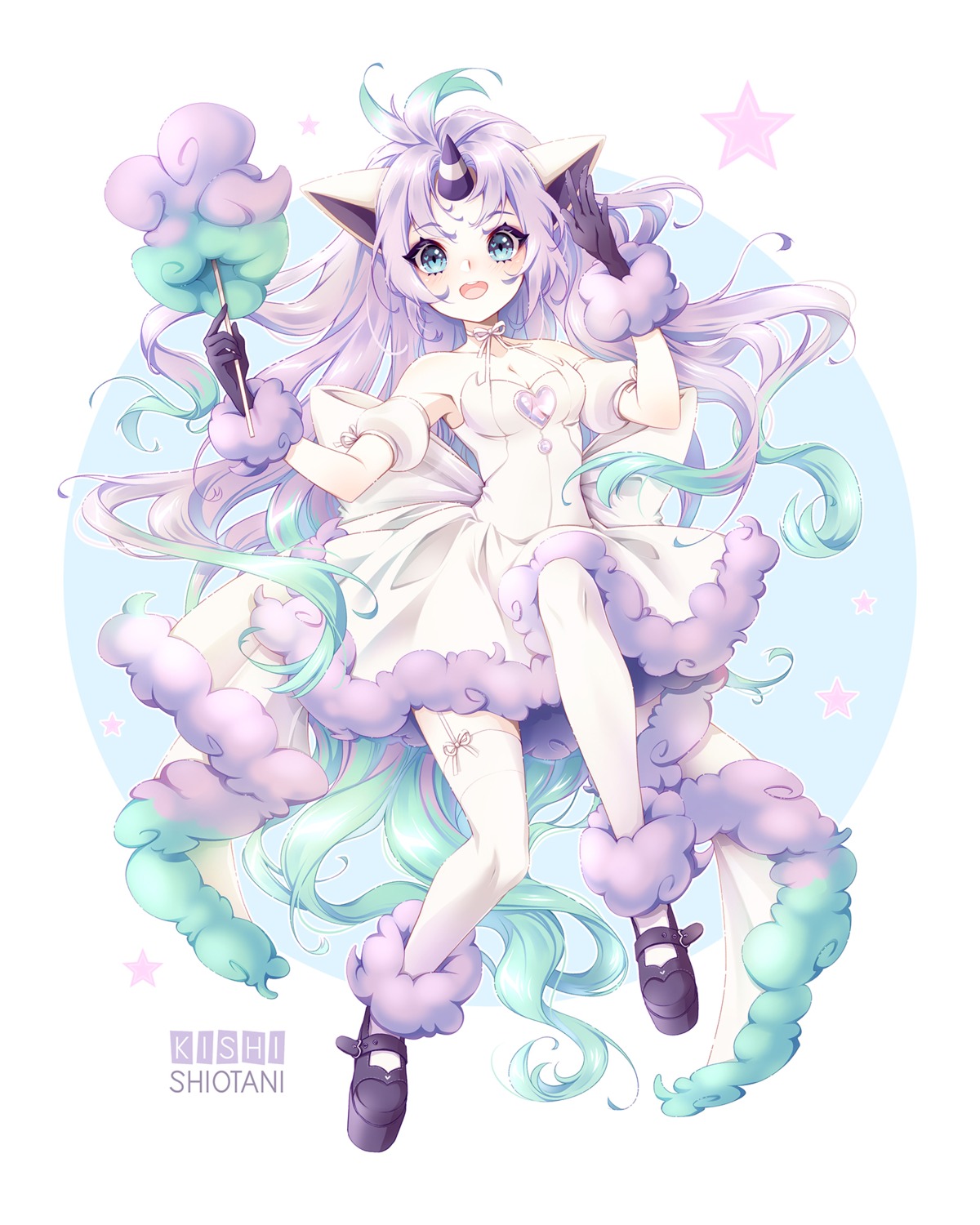 animal_ears, anthropomorphization, cleavage, dress, galarian_ponyta, horns, kishishiotani, pokemon, pokemon_swsh, skirt_lift, stockings, thighhighs
