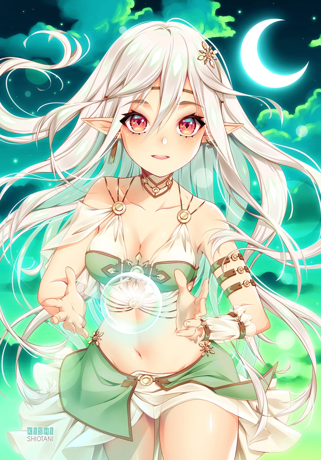 cleavage, kishishiotani, pointy_ears, see_through, skirt_lift