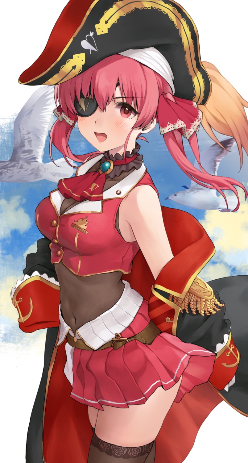 eyepatch, hololive, houshou_marine, kirarin369, pirate, skirt_lift, thighhighs, wings