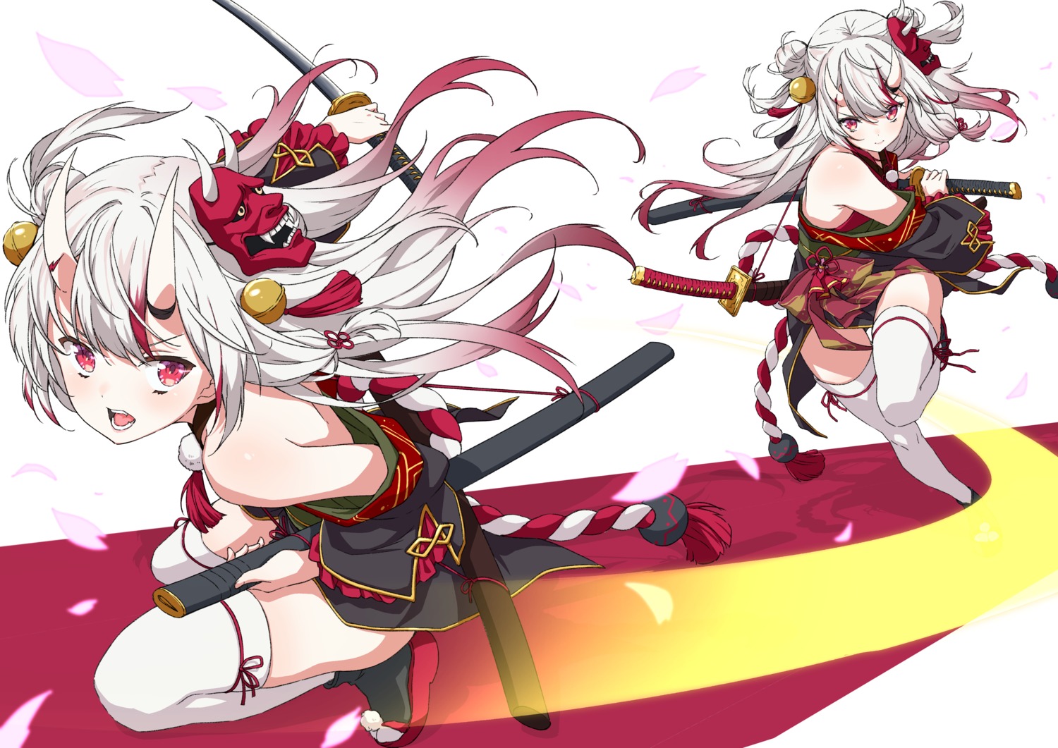 asanaya, hololive, horns, japanese_clothes, nakiri_ayame, no_bra, skirt_lift, sword