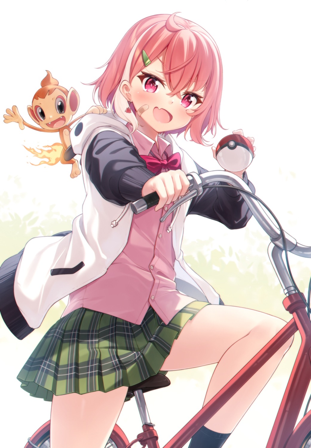 bandaid, chimchar, crossover, dango_remi, nijisanji, nijisanji_gamers, pokemon, sasaki_saku, seifuku, skirt_lift, sweater