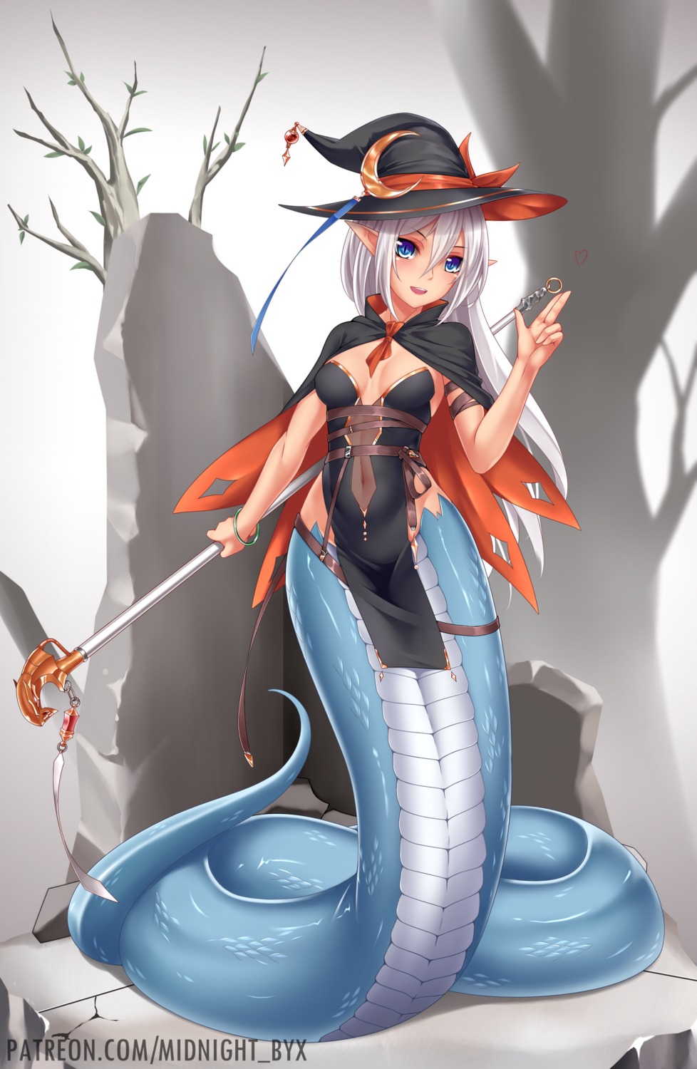 cleavage, dress, midnight, monster_girl, no_bra, pointy_ears, tail, weapon