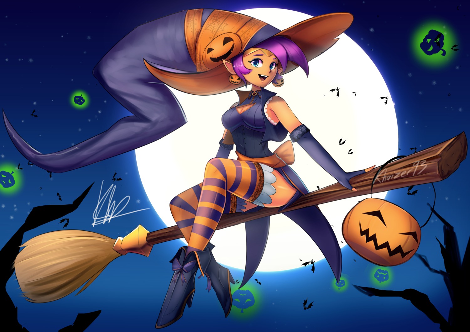 halloween, heels, khaizer, pointy_ears, shantae, shantae_(character), skirt_lift, thighhighs