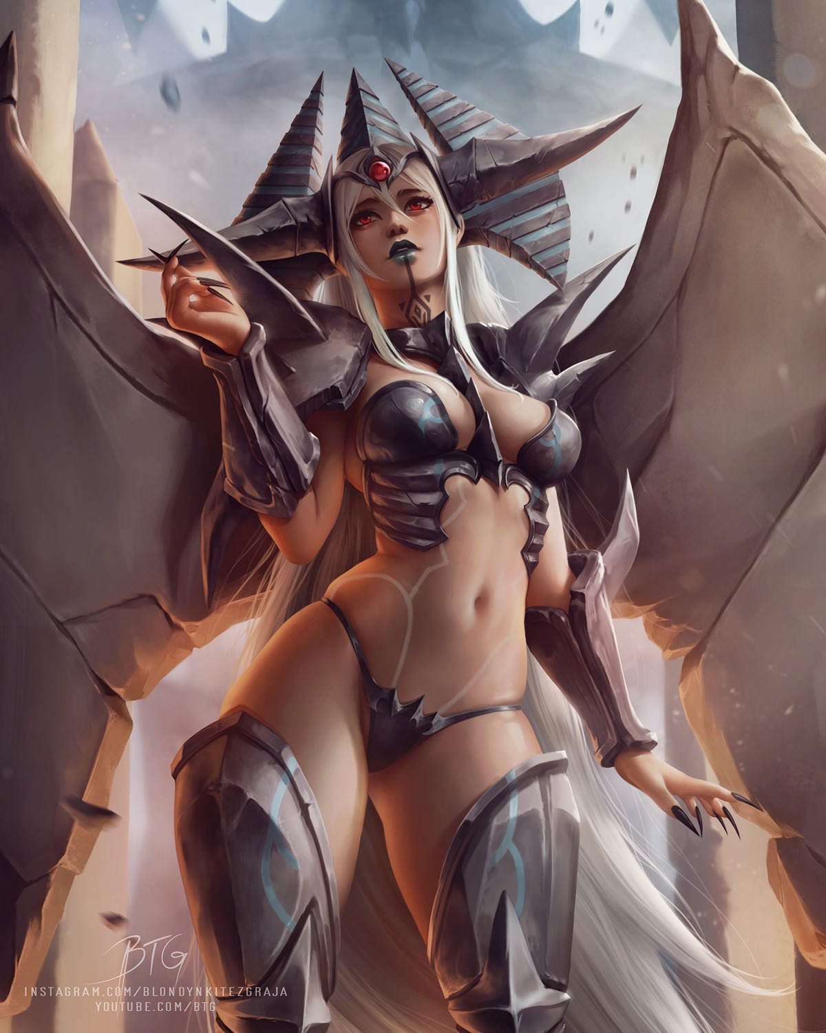 armor, bikini_armor, horns, obelisk_the_tormentor, tagme, tattoo, wings, yugioh