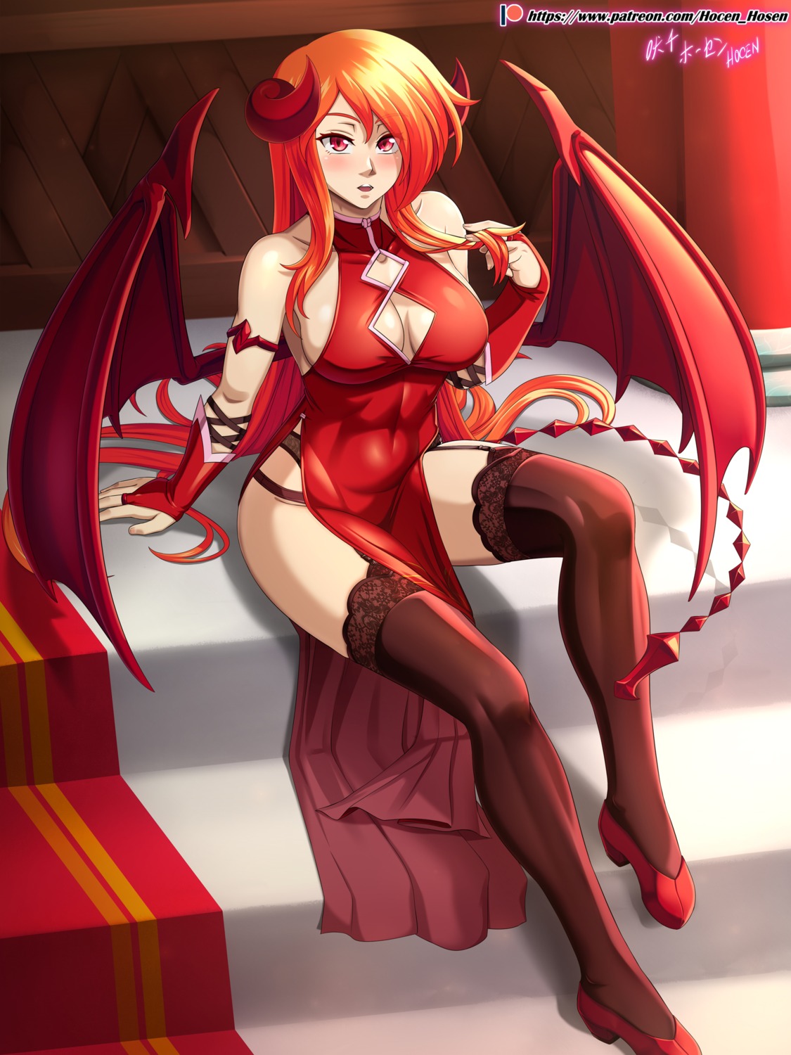 chinadress, cleavage, garter_belt, heels, holcen_hosen, horns, karei_(holcen_hosen), monster_girl, no_bra, pantsu, stockings, thighhighs, wings