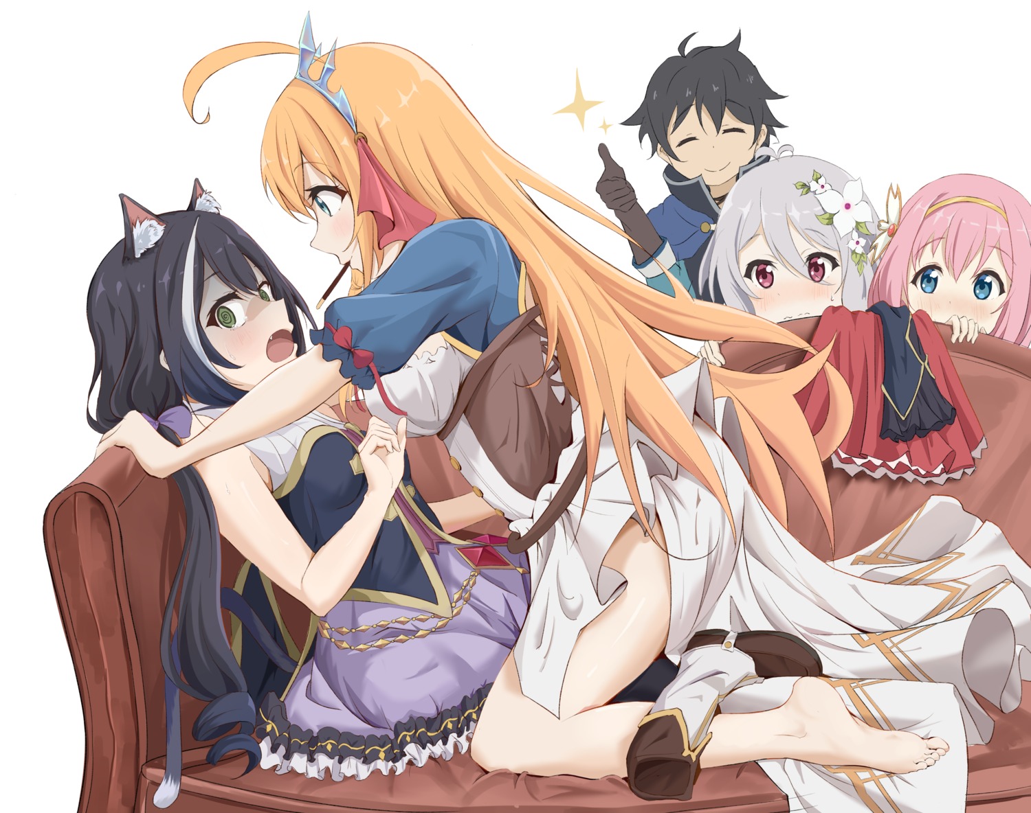 animal_ears, b_black_w_white, feet, karyl_(princess_connect), kokkoro, kusano_yui, nekomimi, no_bra, pecorine, princess_connect!, princess_connect!_re:dive, skirt_lift, tail, yuri