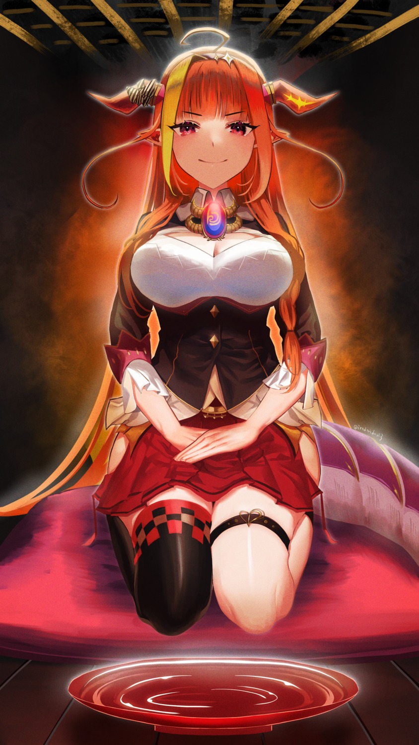 cleavage, garter, hololive, horns, kiryuu_coco, pointy_ears, tail, thighhighs, wahaha_(shiki)