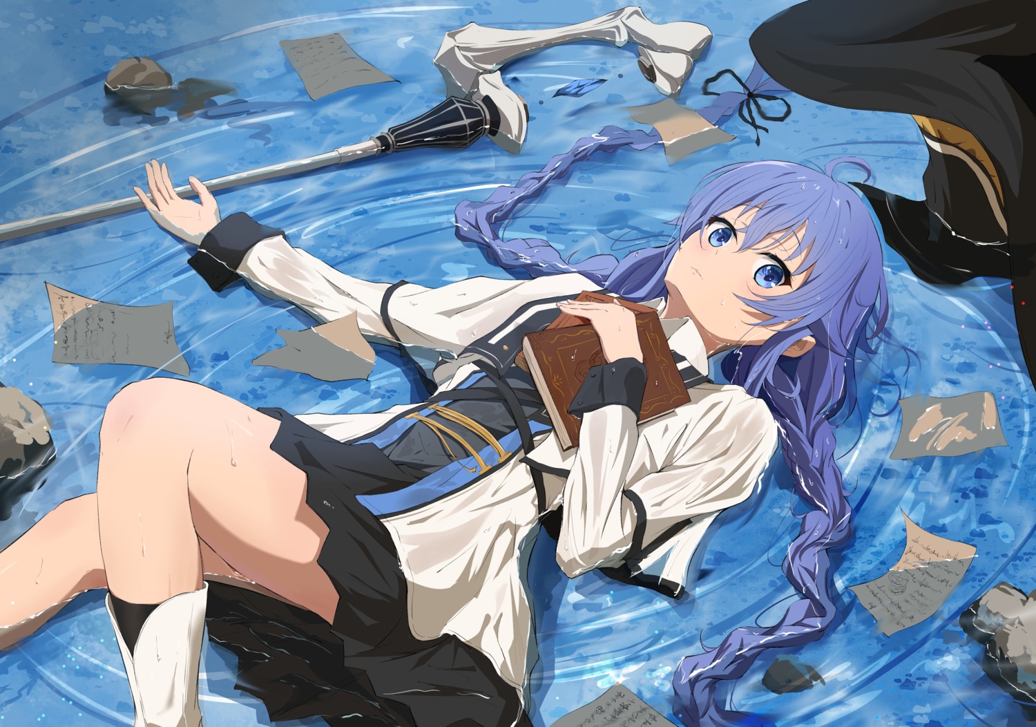 b_black_w_white, mushoku_tensei, roxy_migurdia, see_through, skirt_lift, weapon, wet, wet_clothes, witch