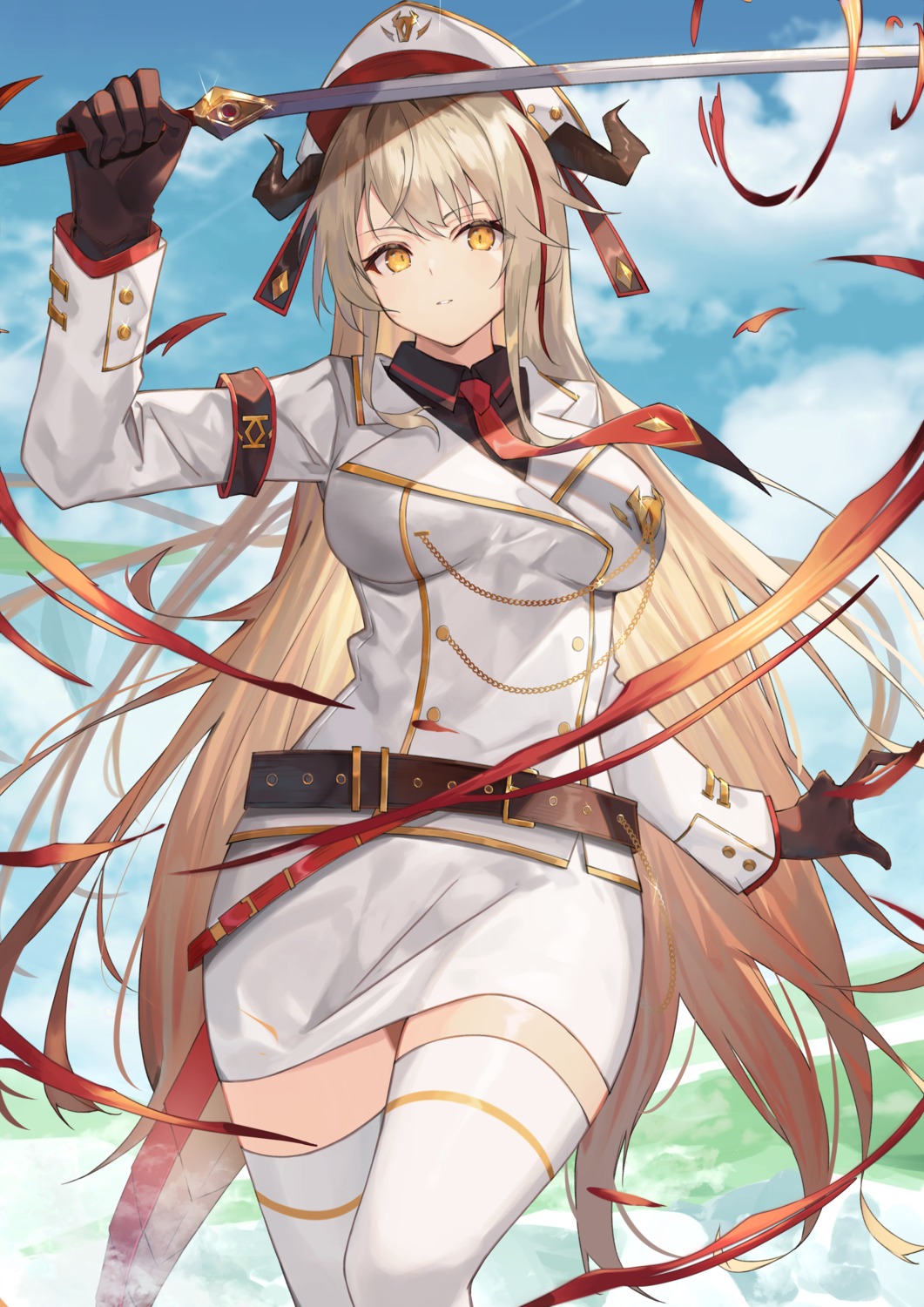 horns, sword, taht_(that_is_mm), thighhighs, uniform