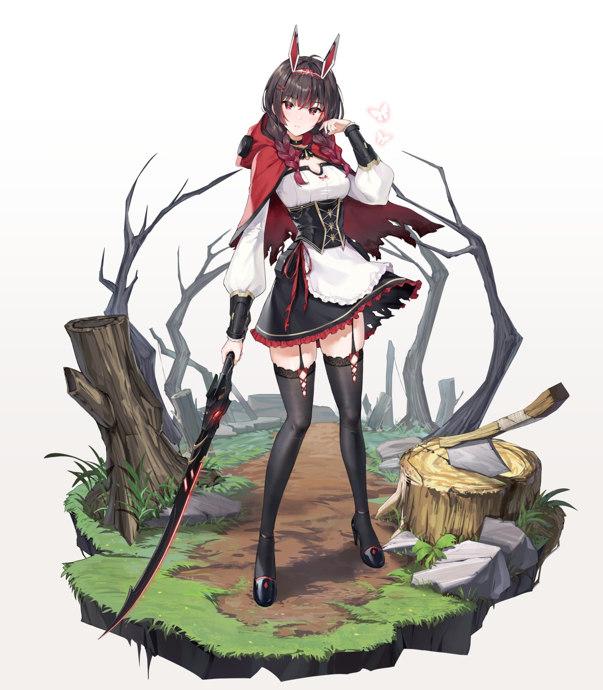 heels, lucia_(punishing:_gray_raven), punishing:_gray_raven, shubee, skirt_lift, stockings, sword, thighhighs