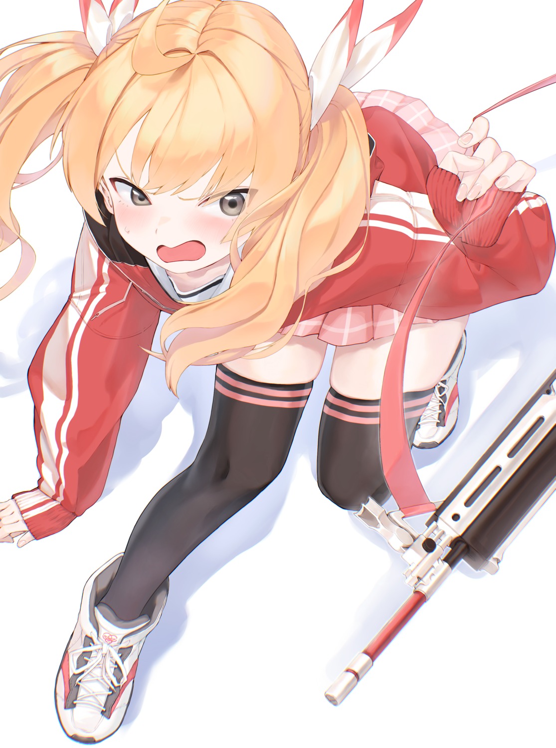 blue_archive, gun, gym_uniform, ibaragi_yoshimi, seisei_tamago, skirt_lift, thighhighs
