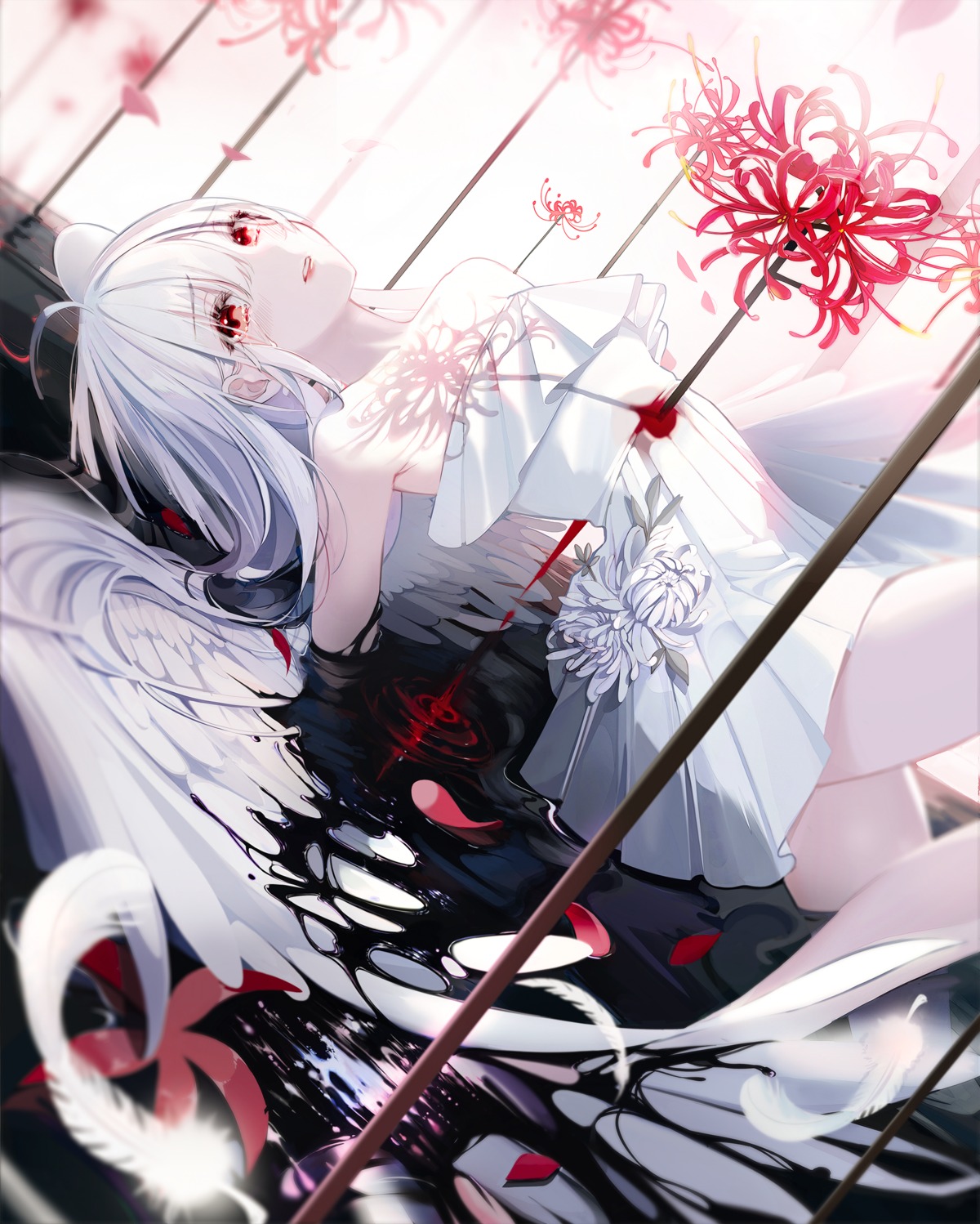 blood, buri_(retty9349), dress, no_bra, skirt_lift, wet, wings